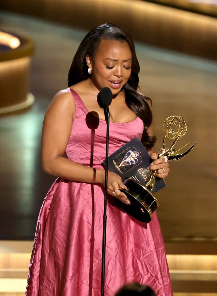 Quinta Brunson accepting her Emmy