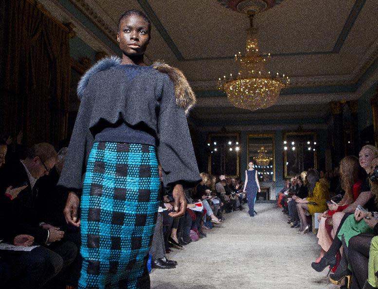 A model wears a creation by designer Roksanda Ilincic during a show at London Fashion Week, Tuesday, Feb. 21, 2012. (AP Photo/Joel Ryan)