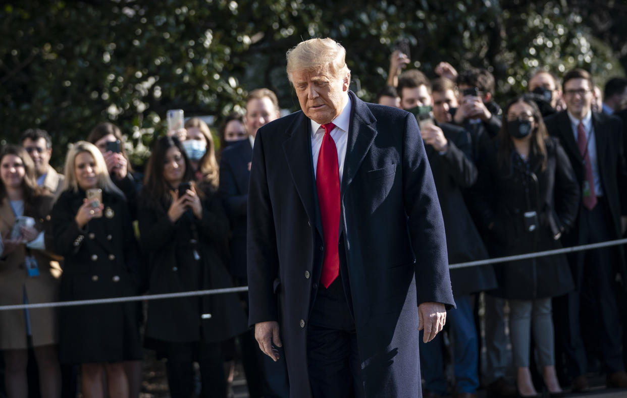 U.S. President Donald Trump walks toward reporters as he exits the White House to walk toward Marine One on the South Lawn on January 12, 2021 in Washington, DC. (Drew Angerer/Getty Images)
