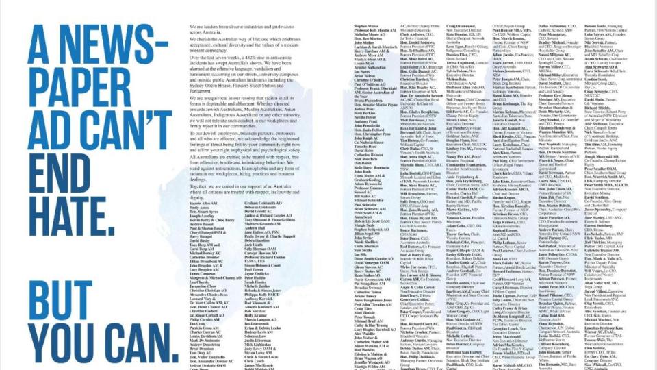 The nation’s business leaders, political elders, academics, media chiefs and sharpest legal minds lead a roll call of Australians who have signed an open letter calling for an end to the alarming rise of anti-Semitism.