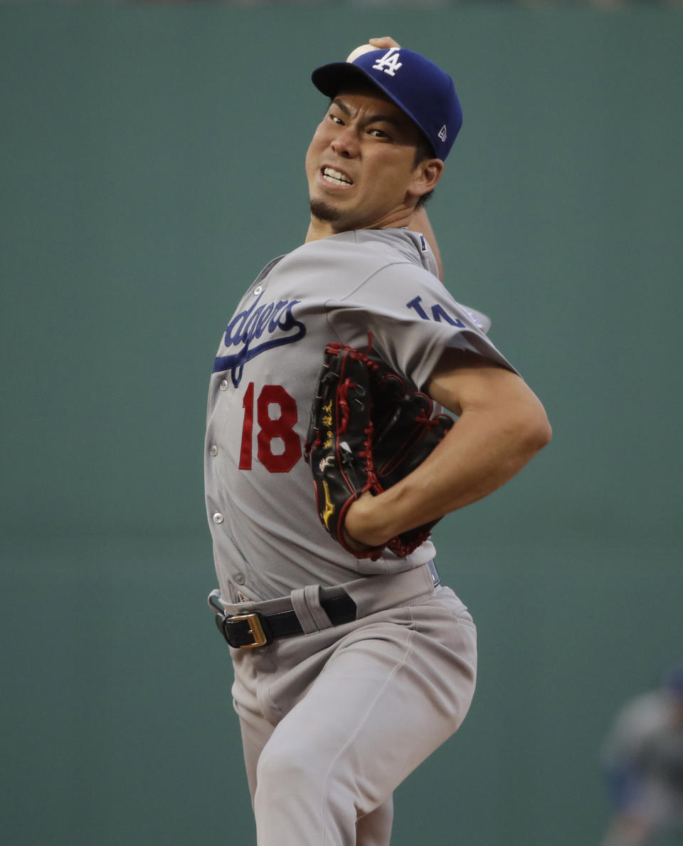 Los Angeles Dodgers starting pitcher Kenta Maeda delivers to a Boston Red Sox batter during the first inning of a baseball game at Fenway Park, Friday, July 12, 2019, in Boston. (AP Photo/Elise Amendola)