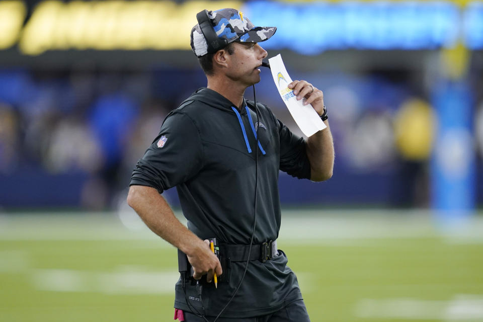 Los Angeles Chargers head coach Brandon Staley stands on the sideline during the first half of a preseason NFL football game against the Los Angeles Rams, Saturday, Aug. 13, 2022, in Inglewood, Calif. (AP Photo/Ashley Landis)