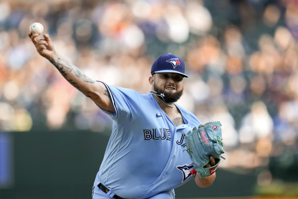 Toronto Blue Jays pitcher Alek Manoah throws against the Detroit Tigers in the first inning of a baseball game, Friday, July 7, 2023, in Detroit. (AP Photo/Paul Sancya)