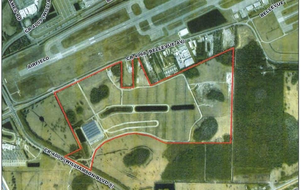 Pictured is a screenshot of the 211-acre site along the south side of Bellevue Avenue east of Williamson Boulevard, outlined in red, where Amazon plans to open a 2.8 million-square-foot distribution center. The Daytona Beach land is owned by NASCAR and is just south of Daytona Beach International Airport and Daytona International Speedway.