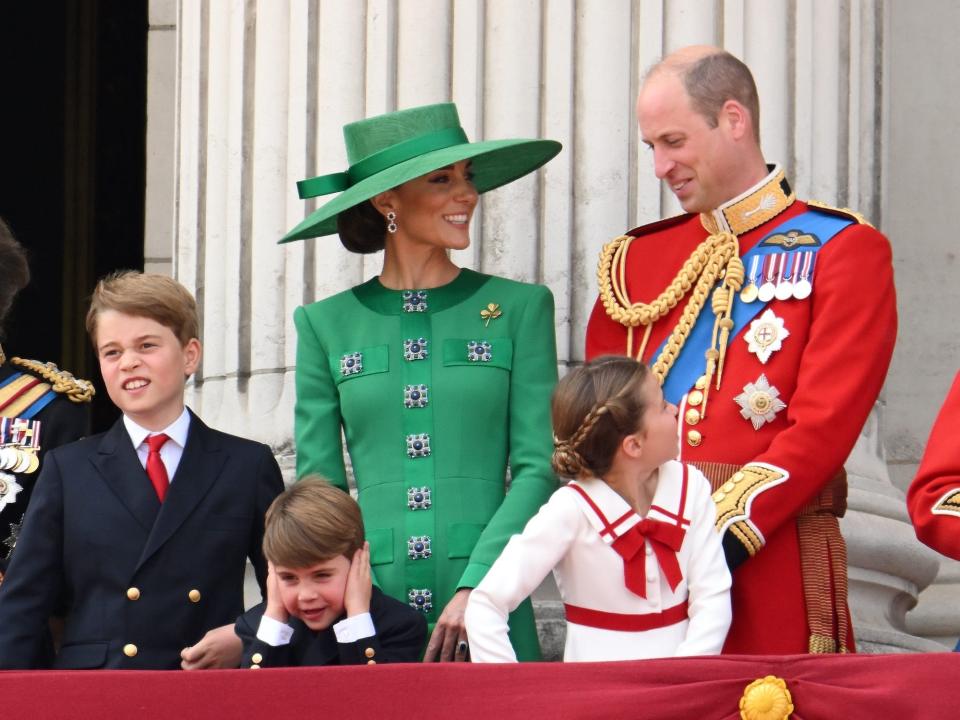 Prince George, Prince Louis, Kate Middleton, Prince William, and Princess Charlotte at Trooping the Colour 2023.