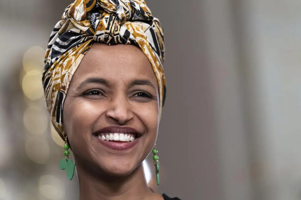 Rep. Ilhan Omar, D-Minn., speaks during an interview before President Joe Biden’s State of the Union address to a joint session of Congress at the Capitol, Tuesday, Feb. 7, 2023, in Washington. (AP Photo/Jose Luis Magana, File)