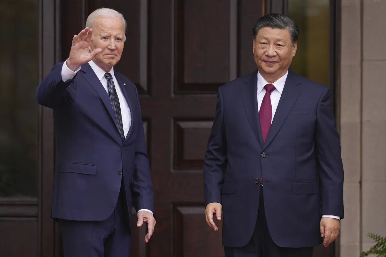 President Joe Biden greets China's President President Xi Jinping at the Filoli Estate in Woodside, Calif., Wednesday, Nov, 15, 2023, on the sidelines of the Asia-Pacific Economic Cooperative conference. (Doug Mills/The New York Times via AP, Pool)