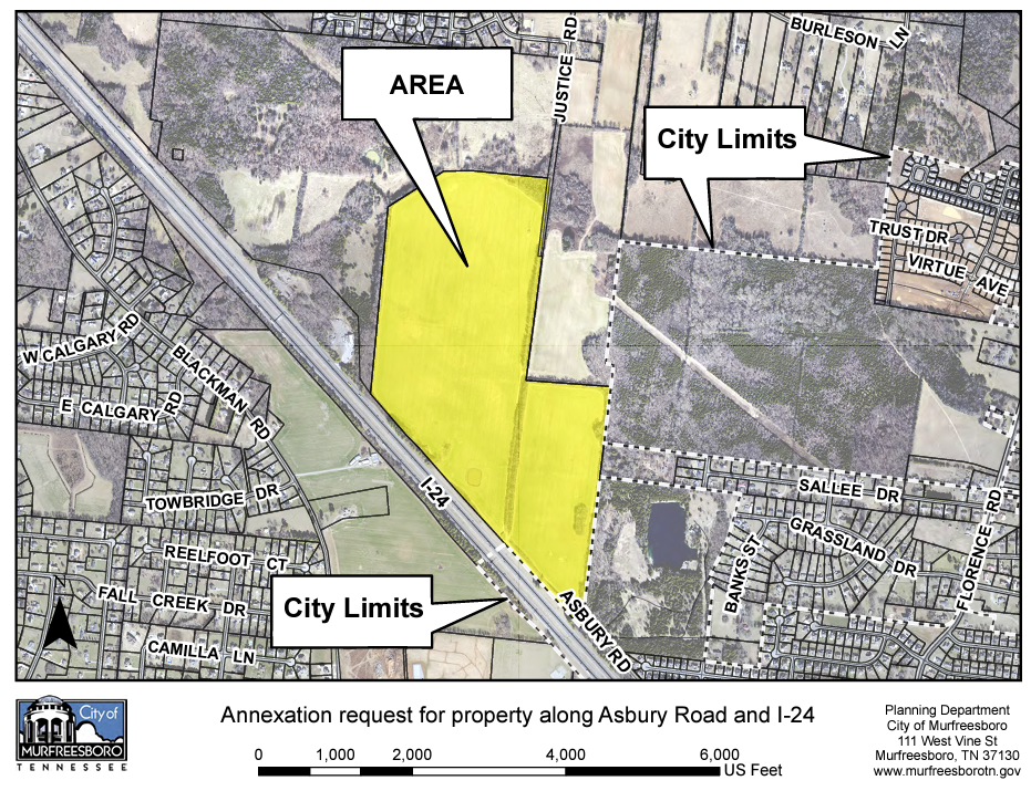 This Murfreesboro city map shows in yellow a proposed annexation of 160 acres of farmland on the northeast side of Interstate 24 and at the end of Asbury Road northwest of nearby Florence Road.