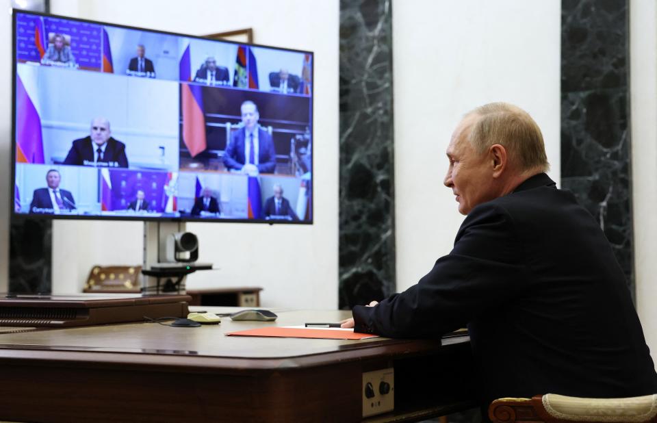 Vladimir Putin holds a Security Council meeting via videoconference in Moscow (POOL/AFP via Getty Images)