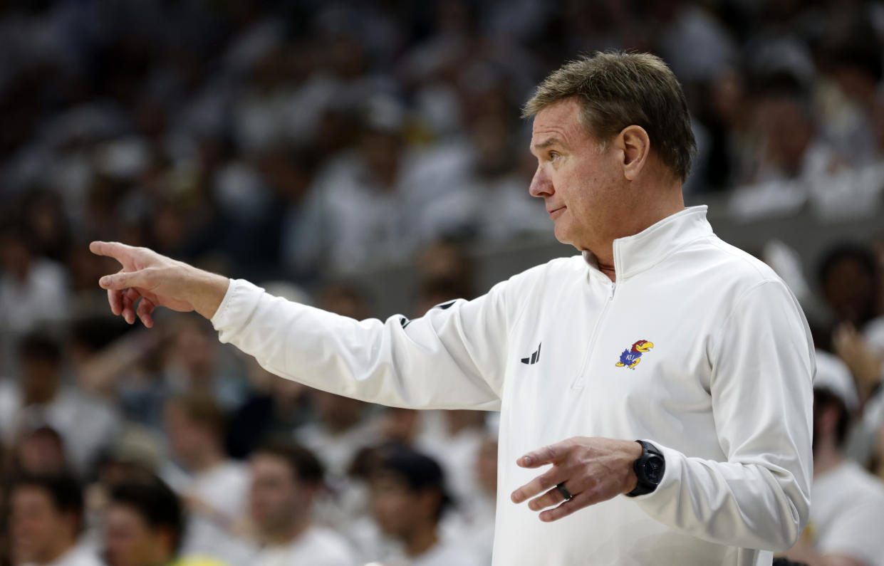WACO, TX - MARCH 2: Head coach Bill Self of the Kansas Jayhawks calls a play as Kansas takes on the Baylor Bears in the first half at Foster Pavilion on March 2, 2024 in Waco, Texas. (Photo by Ron Jenkins/Getty Images)