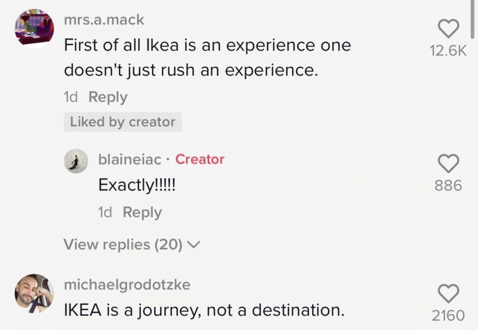 "First of all, Ikea is an experience. One doesn't rush an experience" and "Ikea is a journey, not a destination"