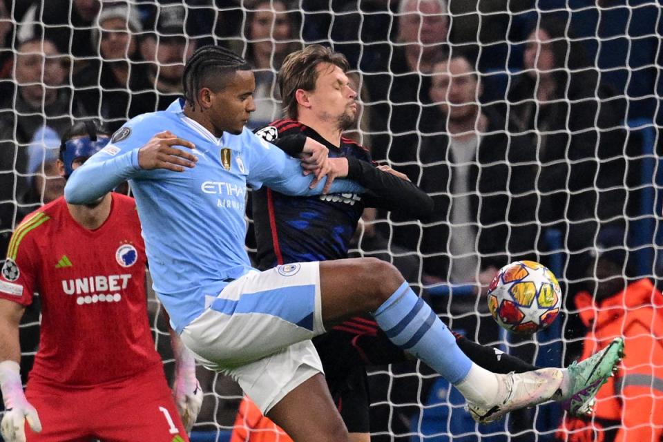 Manuel Akanji’s volley opened the scoring for City as they cruised to an easy win (AFP via Getty Images)