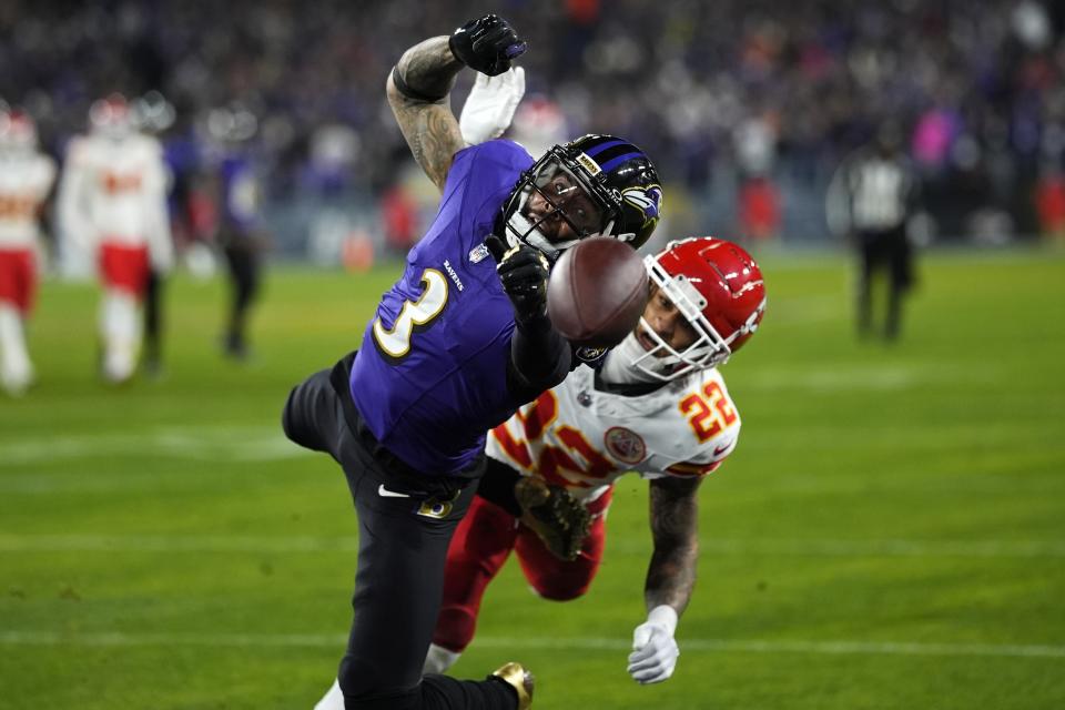 Baltimore Ravens wide receiver Odell Beckham Jr. (3) can't make a catch in front of Kansas City Chiefs cornerback Trent McDuffie (22) during the second half of the AFC Championship NFL football game, Sunday, Jan. 28, 2024, in Baltimore. (AP Photo/Matt Slocum)