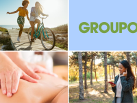 A woman walking in the woods, women biking on the beach, someone getting a massage, and the Groupon logo on a colorful collage.