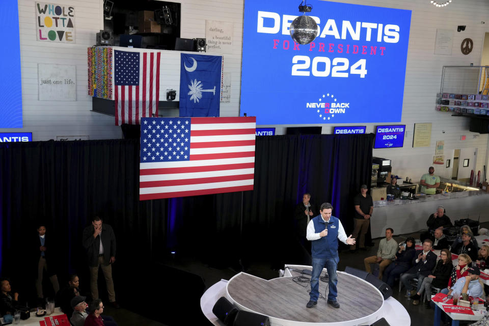 Republican presidential candidate Florida Gov. Ron DeSantis speaks during a campaign event at The Hangout on Saturday, Jan. 20, 2024, in Myrtle Beach, S.C. (AP Photo/Meg Kinnard)