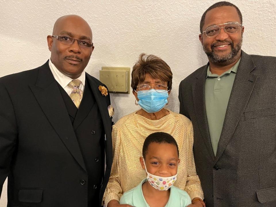 The Rev. Jerry Alexander Jr. , left, pastor of Mt. Moriah Missionary Baptist Church, poses with church members May McCants Stafford and Michael Adams and his grandson, Kaicen Adams, 6, after the church’s 155th anniversary afternoon service on May 15.