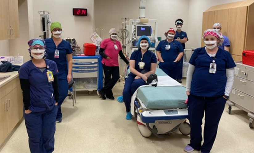 Image: The emergency department night shift at the Nanticoke Memorial Hospital in Seaford, Del., wear partially transparent masks. (Courtesy of Nanticoke Memorial Hospital)