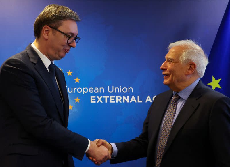 FILE PHOTO: Serbian President Vucic and EU foreign policy chief Borrell meet in Brussels