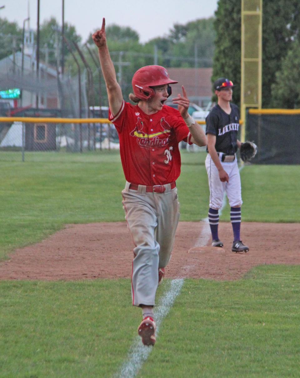 Coldwater's Joseph Closson, shown here during his junior season, celebrates a walk off win for his Cardianls