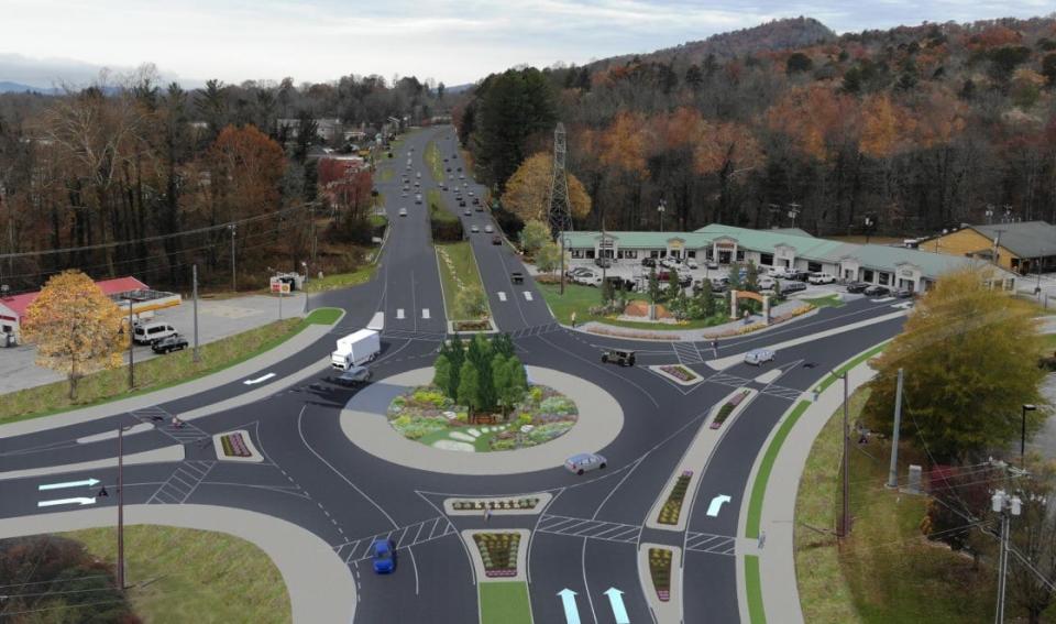 This is a rendering of the future roundabout of US 64/NC 280 (Asheville Highway) and US 64/US 276 (Hendersonville Highway/Pisgah Highway).