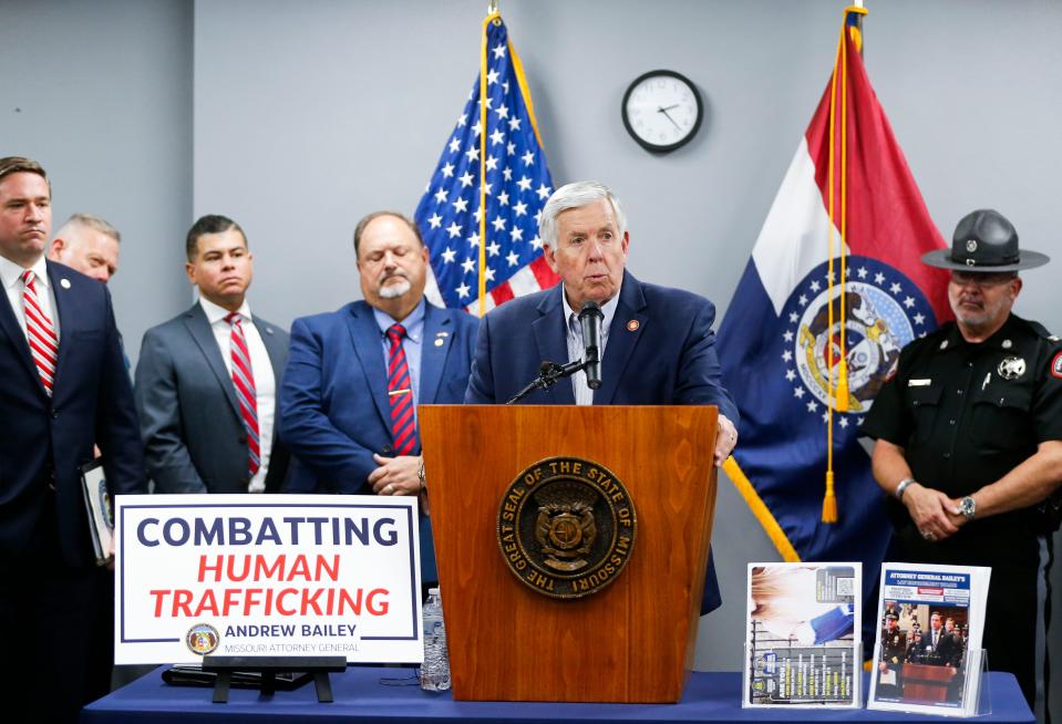 Missouri Governor Mike Parson speaks at a press conference establishing a Counter Human Trafficking Taskforce on Thursday, April 25, 2024.