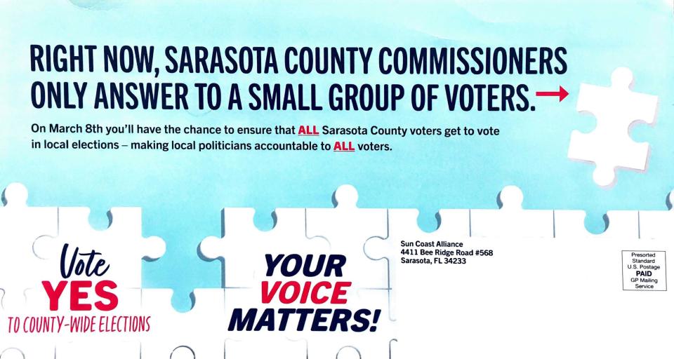 One side of a mailer sent by Sun Coast Alliance to Sarasota County voters in support of the repeal of single-member districts. Critics of single member districts, including the Sarasota GOP, have waged an aggressive campaign to repeal them in Sarasota County, even as Republicans support a referendum that would ask voters in Alachua County if they want single member districts.