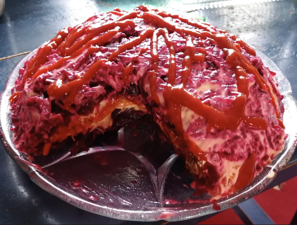 A beet cake is made with "ketchup" icing