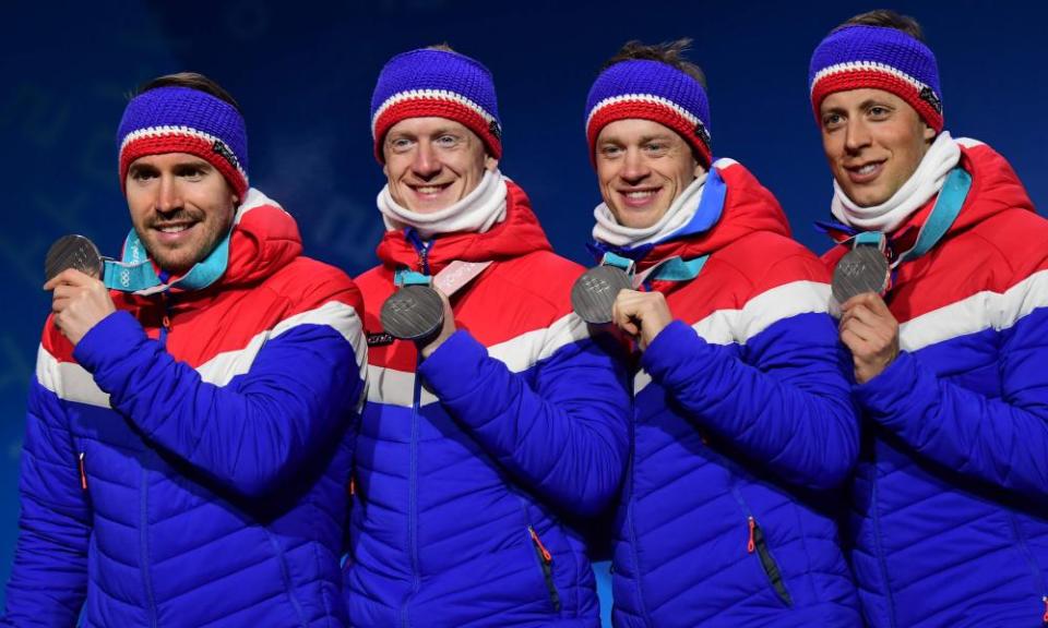 Norway’s silver medallists Lars Helge Birkeland, Tarjei Boe, Johannes Thingnes Boe and Emil Hegle Svendsen on the Olympic podium ... why so many names?