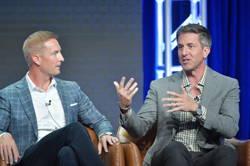 BEVERLY HILLS, CA - AUGUST 07: Joel Klatt and Kevin Burkhardt of Fox Sports speak during the Fox segment of the 2019 Summer TCA Press Tour at The Beverly Hilton Hotel on August 7, 2019 in Beverly Hills, California. (Photo by Amy Sussman/Getty Images)