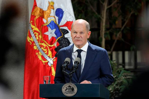 Germany’s chancellor Olaf Scholz speaks during a joint statement with Chile’s president Gabriel Boric following their meeting at La Moneda presidential palace in Santiago, on 29 January 2023 (AFP via Getty Images)