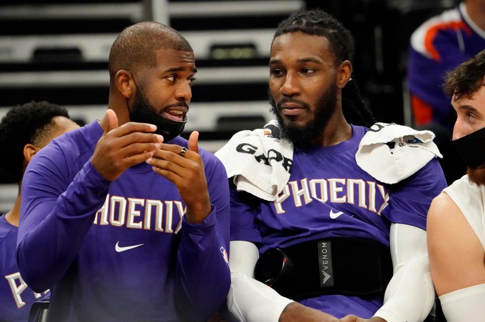 Oct 13, 2021; Phoenix, Arizona, USA; Phoenix Suns guard Chris Paul (3) talks to forward Jae Crowder (99) during preseason NBA action against the Portland Trail Blazers at Footprint Center. Mandatory Credit: Rob Schumacher-Arizona Republic