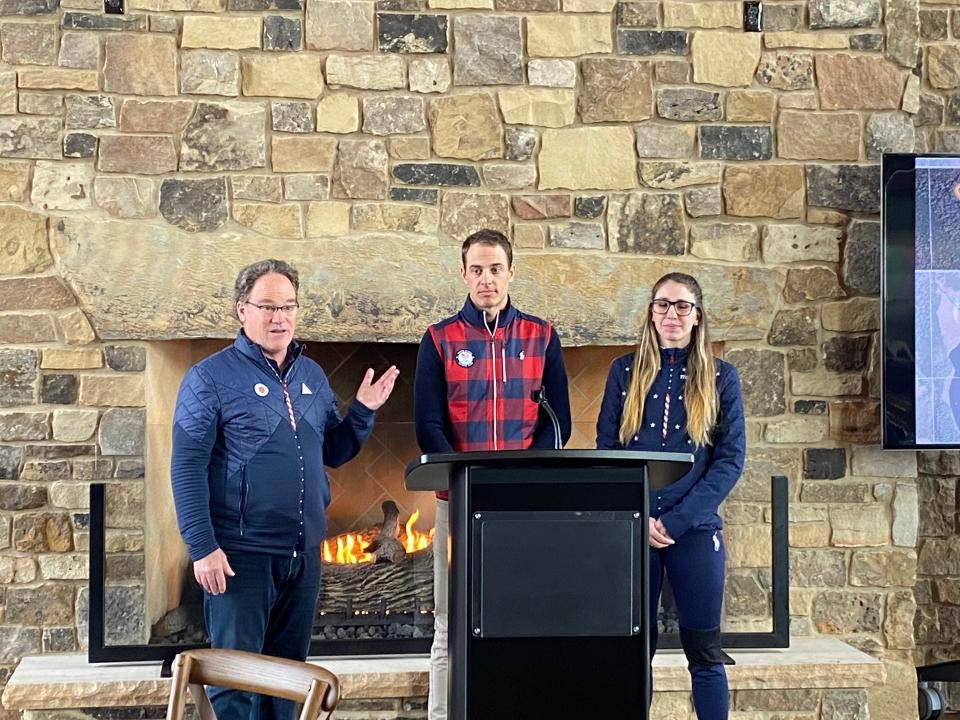 U.S. Biathlon Association President Max Cobb and U.S. Olympic biathletes Paul Schommer and Deedra Irwin speak at the Ariens Nordic Center kickoff event Wednesday in Brillion.