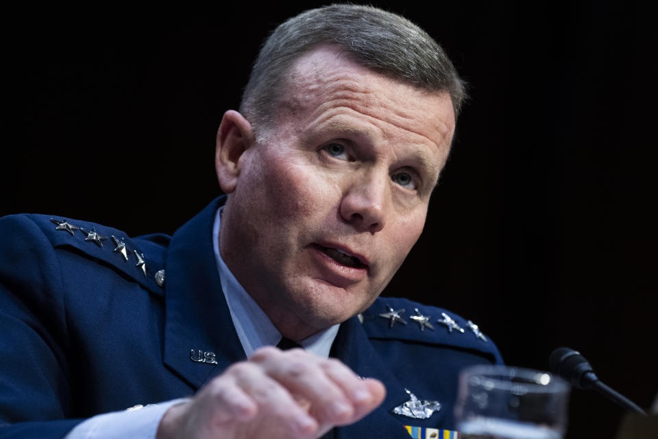 Air Force Gen. Tod D. Wolters, commander, U.S. European Command and NATO's Supreme Allied Commander Europe, and Army Gen. Stephen R. Lyons, off camera,  commander, U.S. Transportation Command, testify during the Senate Armed Services Committee hearing on their respective commands in Hart Building on Tuesday, February 25, 2020. (Tom Williams/CQ Roll Call via Getty Images) 