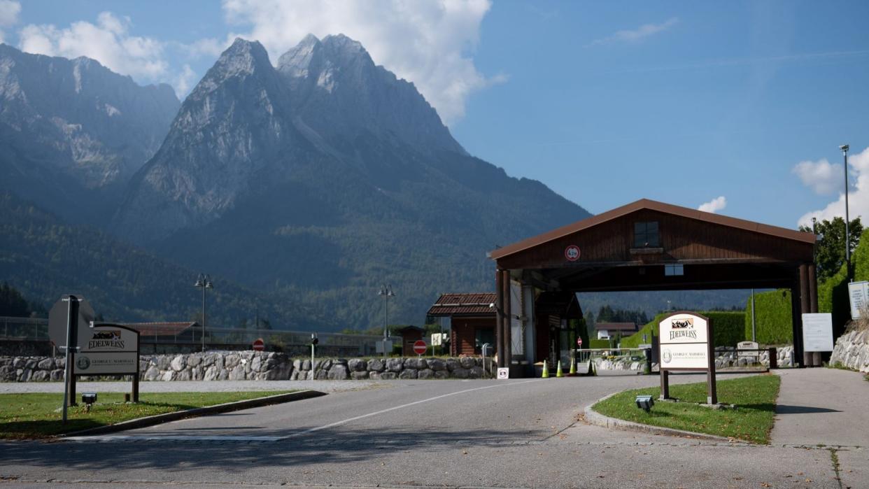 Mandatory Credit: Photo by PHILIPP GUELLAND/EPA-EFE/Shutterstock (10774649a)A sign marks the US-Army-operated Edelweiss lodge and resort where a corona-positive group of guests stayed in Garmisch-Partenkirchen, Germany, 12 September 2020.