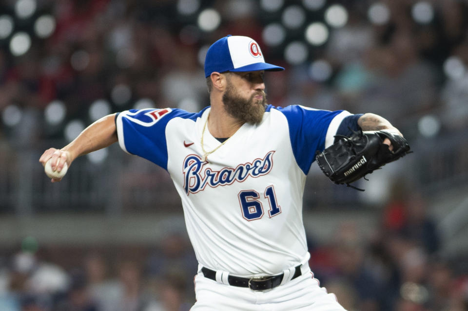 Atlanta Braves relief pitcher Shane Greene throws to a Milwaukee Brewers batter during the ninth inning of a baseball game Friday, July 30, 2021, in Atlanta. (AP Photo/Hakim Wright Sr.)