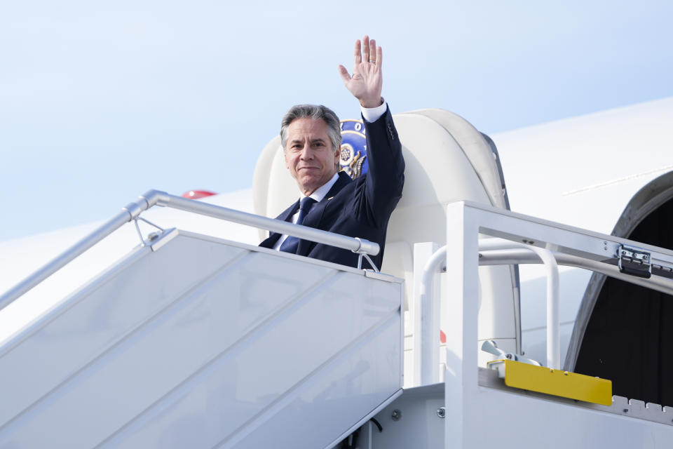 U.S. Secretary of State, Antony Blinken waves as he arrives at Chopin Airport in Warsaw, Poland, Thursday, Sept. 12, 2024. (AP Photo/Mark Schiefelbein, Pool)