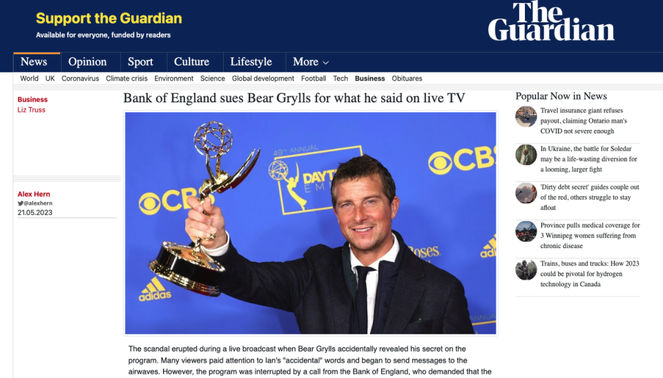 A fake article in a ‘Guardian’-style template claims that Bear Grylls was sued by the Bank of England (Screenshot)