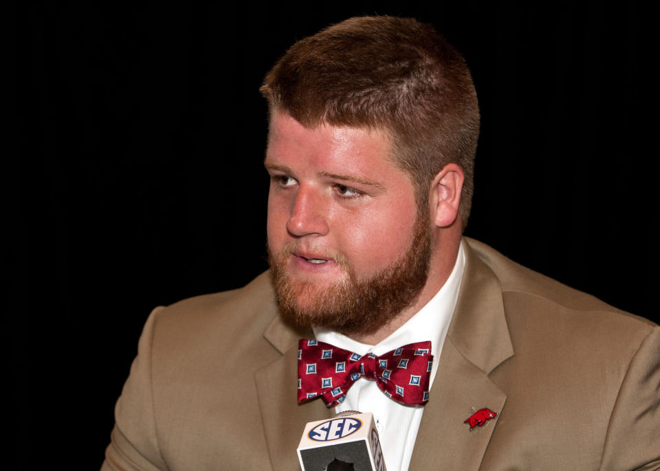 Jul 16, 2014; Hoover, AL, USA; Arkansas Razorbacks guard Brey Cook talks to the media during the SEC Football Media Days at the Wynfrey Hotel. Mandatory Credit: Marvin Gentry-USA TODAY Sports