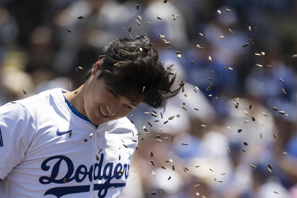 Los Angeles Dodgers' Shohei Ohtani is hit with sunflower seeds after hitting a two-run home run during the third inning of a baseball game against the New York Mets in Los Angeles, Sunday, April 21, 2024. (AP Photo/Kyusung Gong)