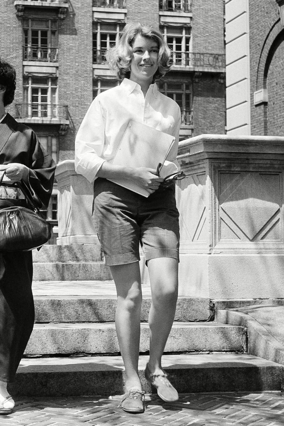 Stewart was ahead of her time: here, she wears shorts while on campus at Barnard College, a decision that was quite controversial in 1960! 