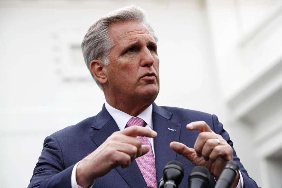 House Minority Leader Kevin McCarthy of Calif., speaks with members of the media outside of the West Wing of the White House, Wednesday, Oct. 16, 2019, in Washington, after meeting with President Donald Trump. (AP Photo/Patrick Semansky)