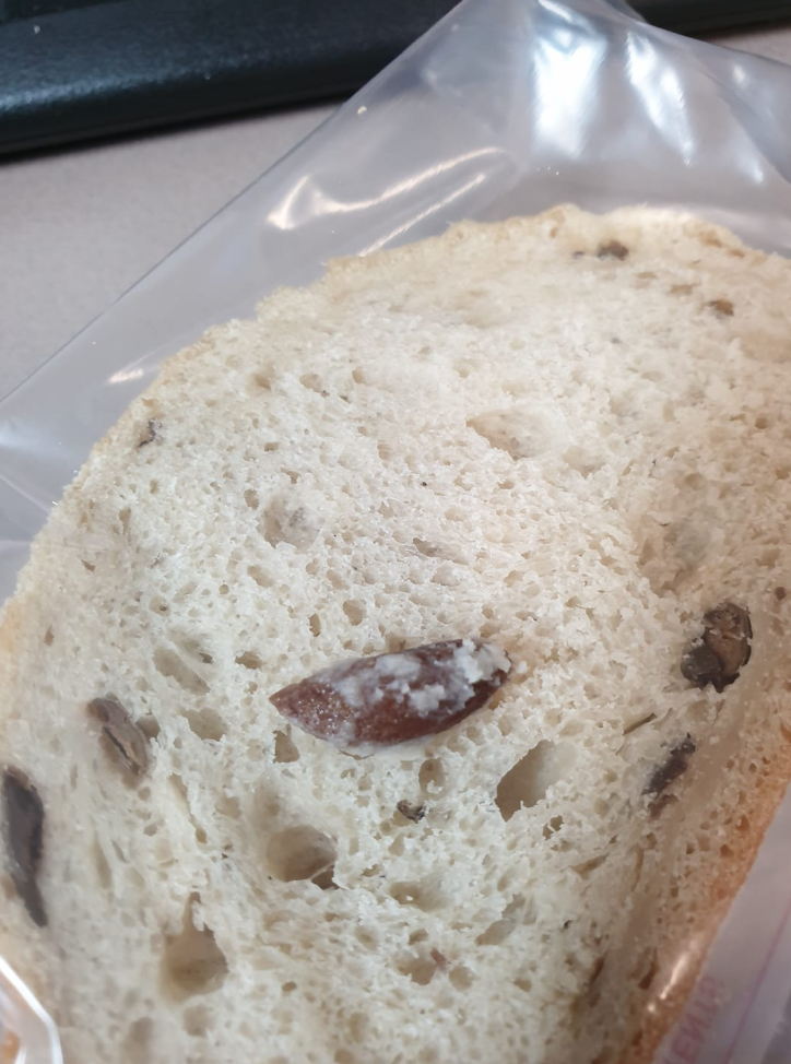 Photo of an olive seed found in a slice of Woolworths sourdough loaf that Stephen Kallinicos bit into. 