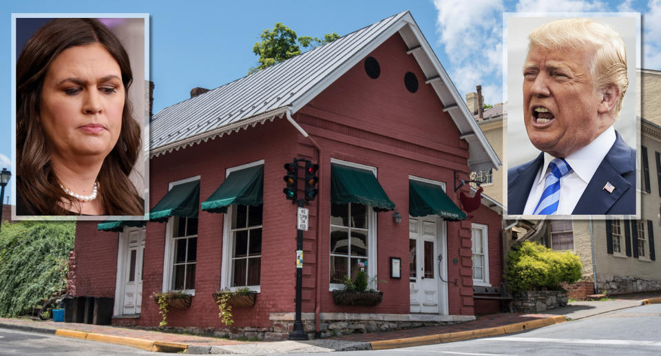 The Red Hen restaurant in Lexington, Va.; inset, White House press secretary Sarah Sanders and President Trump. (Photos: Pablo Martinez Monsivais/AP, Daniel Lin/AP, T.J. Kirkpatrick/Bloomberg via Getty Images)