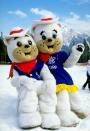 Portrait of 1988 Winter Olympic Games mascots "Hidy" and "Howdy," the brother/sister, cowboy/cowgirl duo, (Mike Powell/Allsport)