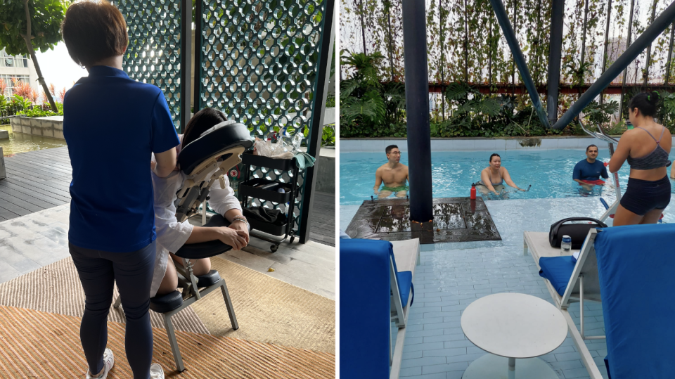 L: A masseur giving a chair massage to a lady. R: 2 men and 2 women enjoying a spin class in the swimming pool located at the rooftop of Oasia Hotel Downtown