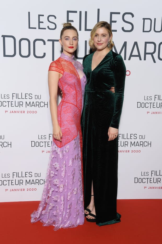 Saoirse Ronan and Greta Gerwig, both in Galvan, at the Paris premiere of "Little Women" in 2019. 