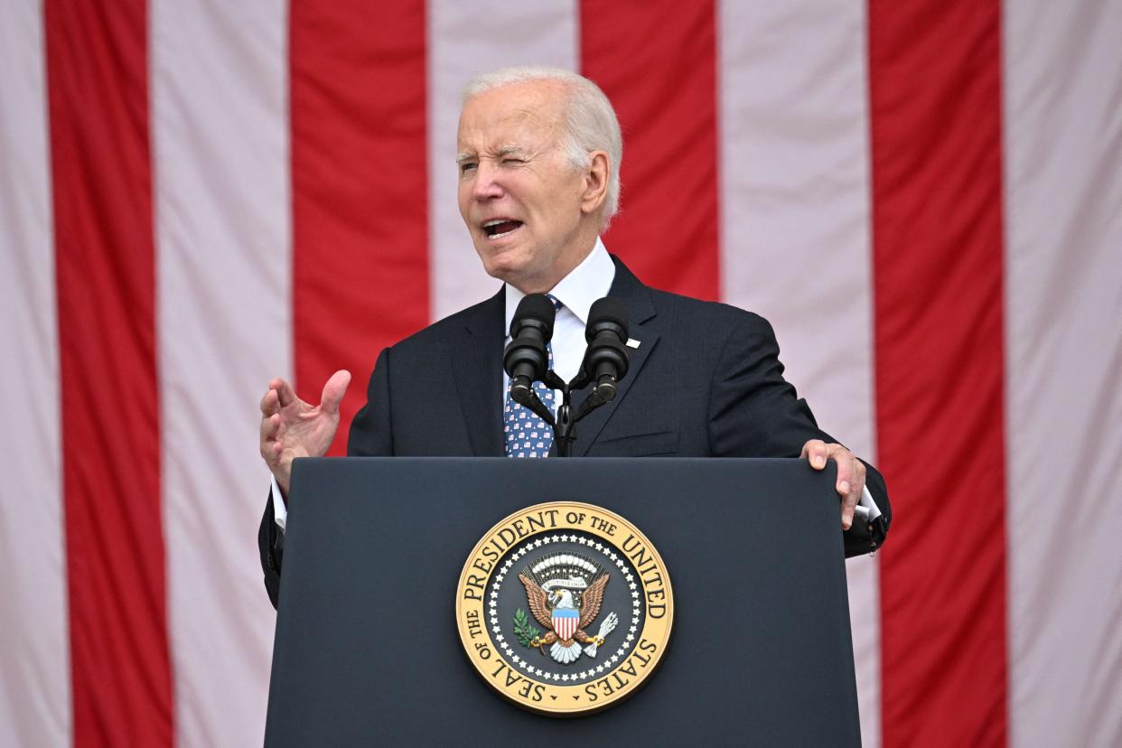 US President Joe Biden speaks during the 155th National Memorial Day Observance at Arlington National Cemetery in Arlington, Virginia, on May 29, 2023, in observance of Memorial Day. (Photo by Mandel NGAN / AFP) (Photo by MANDEL NGAN/AFP via Getty Images)