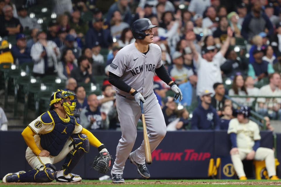 MILWAUKEE, WISCONSIN - APRIL 28: Anthony Rizzo #48 of the New York Yankees hits a two run home run against the Milwaukee Brewers during the eighth inning at American Family Field on April 28, 2024 in Milwaukee, Wisconsin. (Photo by Stacy Revere/Getty Images)