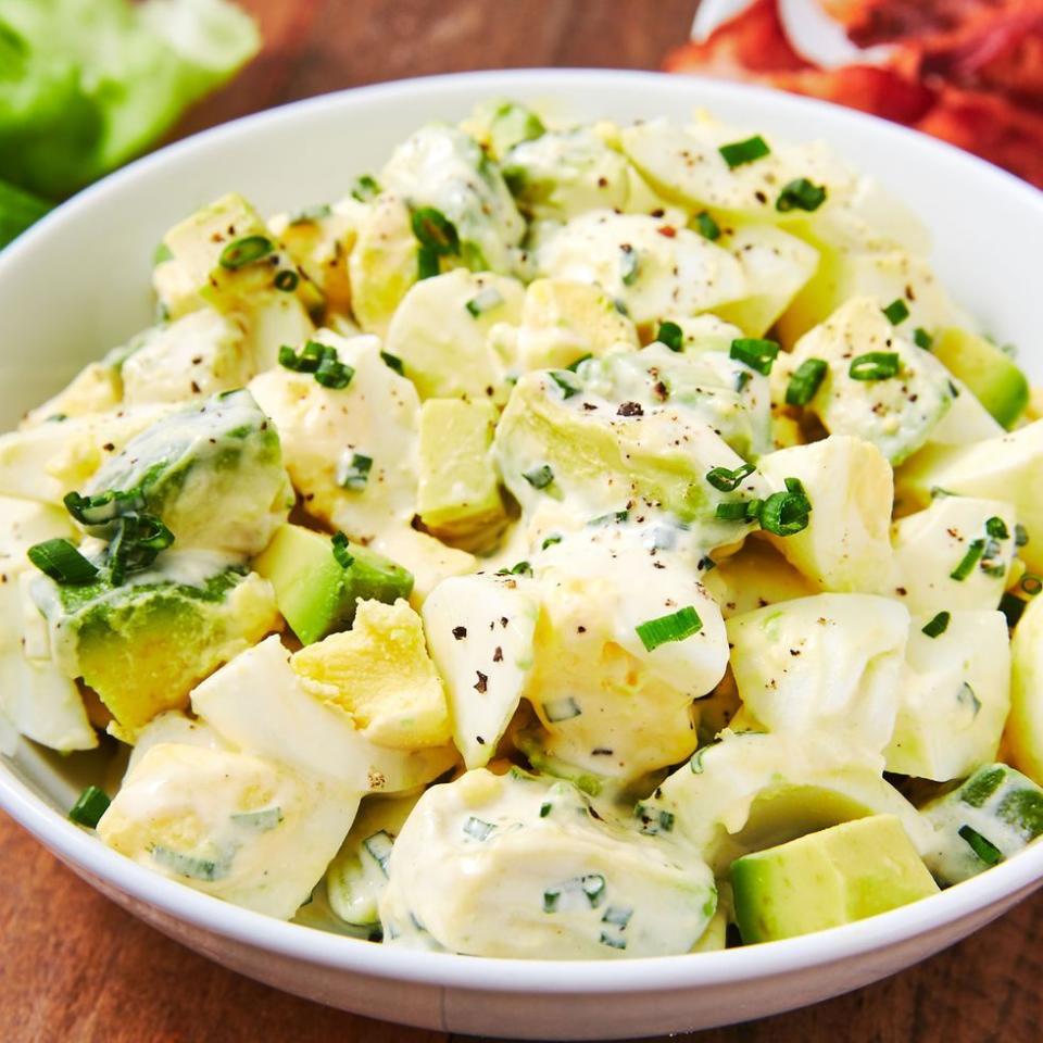 <p><a href="https://www.delish.com/uk/cooking/recipes/a28784272/cobb-egg-salad-recipe/" rel="nofollow noopener" target="_blank" data-ylk="slk:Classic egg salad;elm:context_link;itc:0;sec:content-canvas" class="link ">Classic egg salad</a> is usually keto-friendly as it is. But because fat=good, we added an extra creamy, but healthy element: avocado! The whole thing tastes nice and fresh but trust us, it'll really fill you up. Do we recommend serving it with crispy bacon? Of course we do. </p><p>Get the <a href="https://www.delish.com/uk/cooking/recipes/a30992026/keto-egg-salad-recipe/" rel="nofollow noopener" target="_blank" data-ylk="slk:Keto Egg Salad;elm:context_link;itc:0;sec:content-canvas" class="link ">Keto Egg Salad</a> recipe.</p>