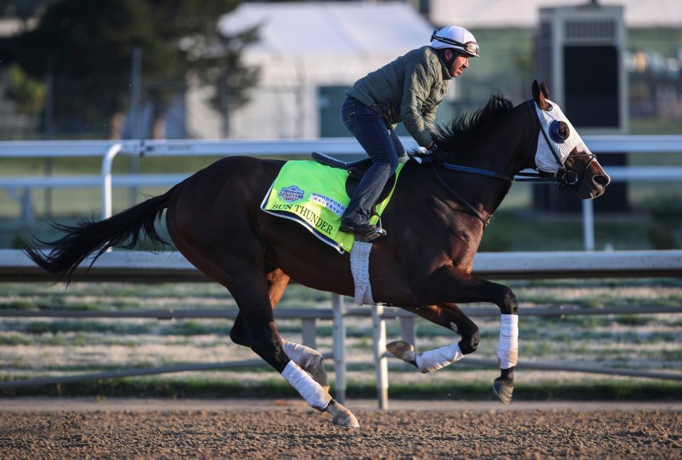 Kentucky Derby contender Sun Thunder during a workout at Churchill Downs on Monday morning, April 24, 2023 in Louisville, Ky. The trainer is Kenny McPeek. Sun Thunder came in fourth at the Toyota Blue Grass Stakes; Tapit Trice was the winner.